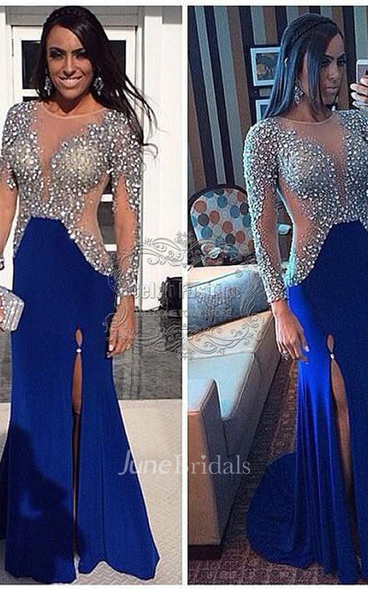 Glamorous Long Sleeve Royal Blue Prom Dresses Crystals With Slit June Bridals