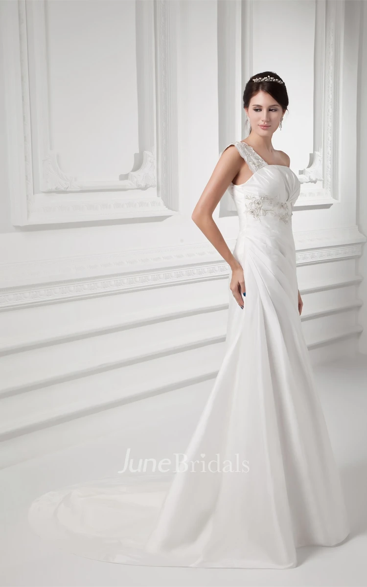 one-shoulder maxi mermaid gown with corset back and appliques