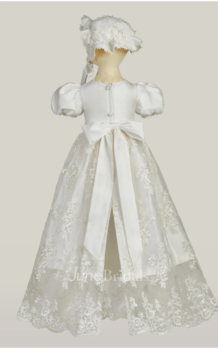 Fancy Puff Sleeve Christening Dress With Lace Appliques