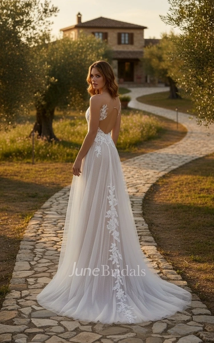 Romantic A-Line Lace Boho Wedding Dress Ethereal Tulle Bridal Gown for Garden and Destination Weddings