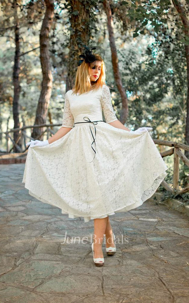 Jewel Tea-Length Lace Wedding Dress With Sash And Half Illusion Sleeve