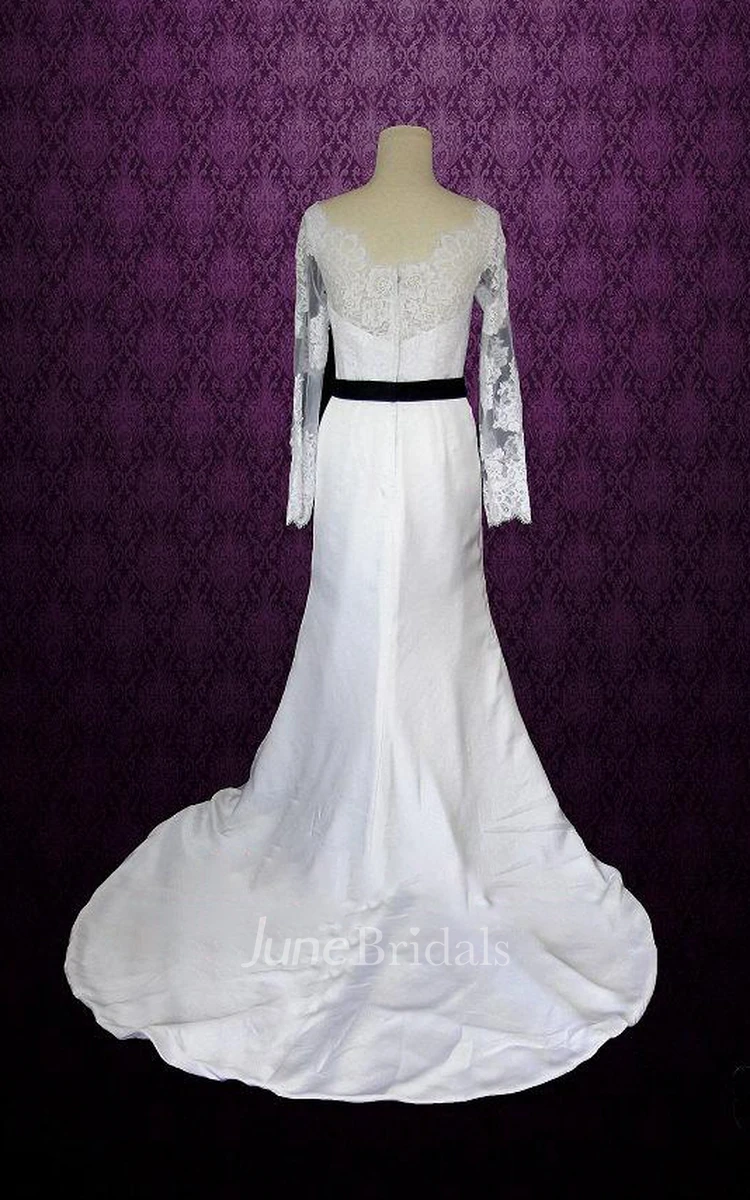 Scalloped Sheath Satin Wedding Dress With Sash And Illusion Sleeve