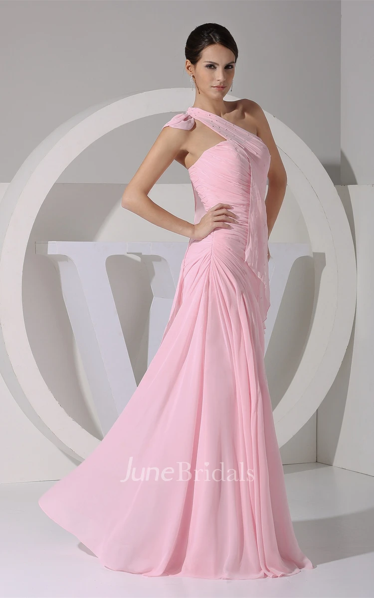 One-Shoulder Chiffon Sheath Dress with Ruching and Epaulet