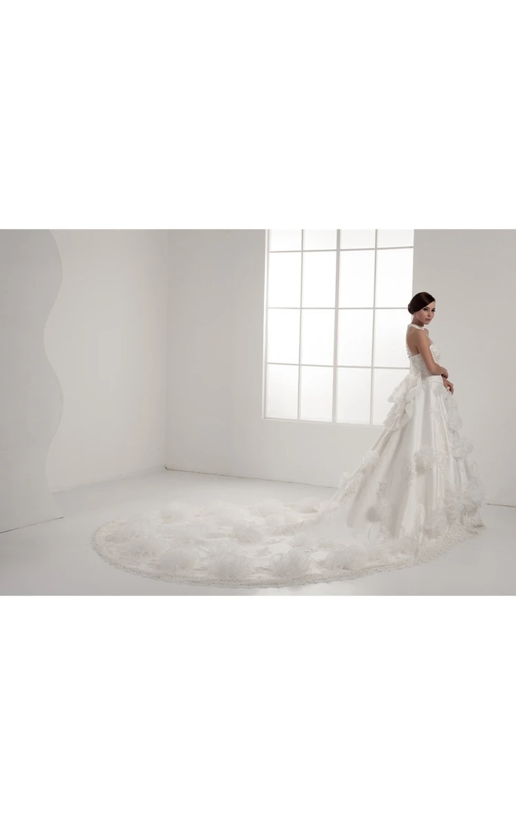 Floral Sleeveless Appliqued Ball Gown with Beading and Illusion