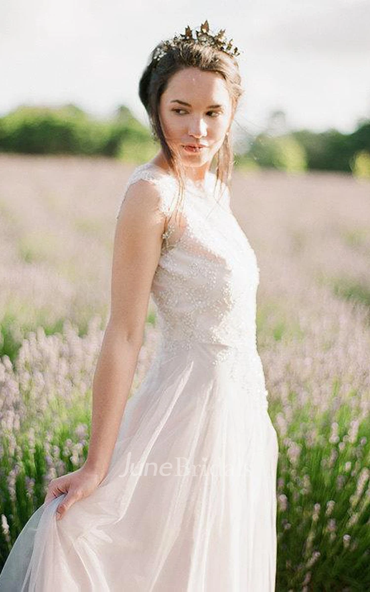 Jewel Neck Sleeveless Long Tulle Wedding Dress With Beading and Western Style Vintage Handmade Laurel Olive Gold Hair Hoop Crown
