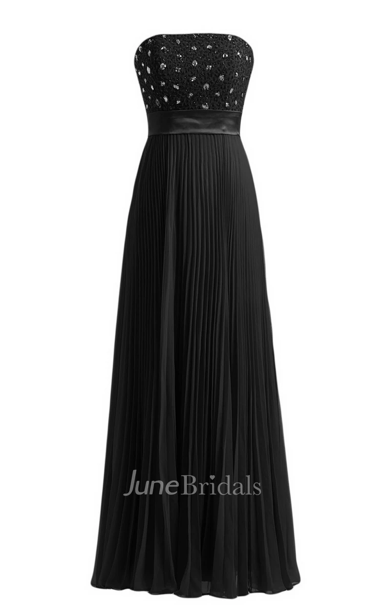 Strapless Empire Long Pleated Dress With Rhinestones