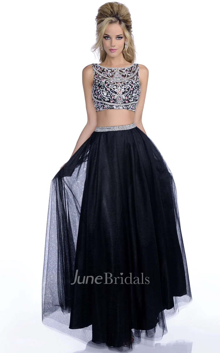 A-Line Tulle Crop Top Bateau Neck Sleeveless Prom Dress With Jeweled Bodice