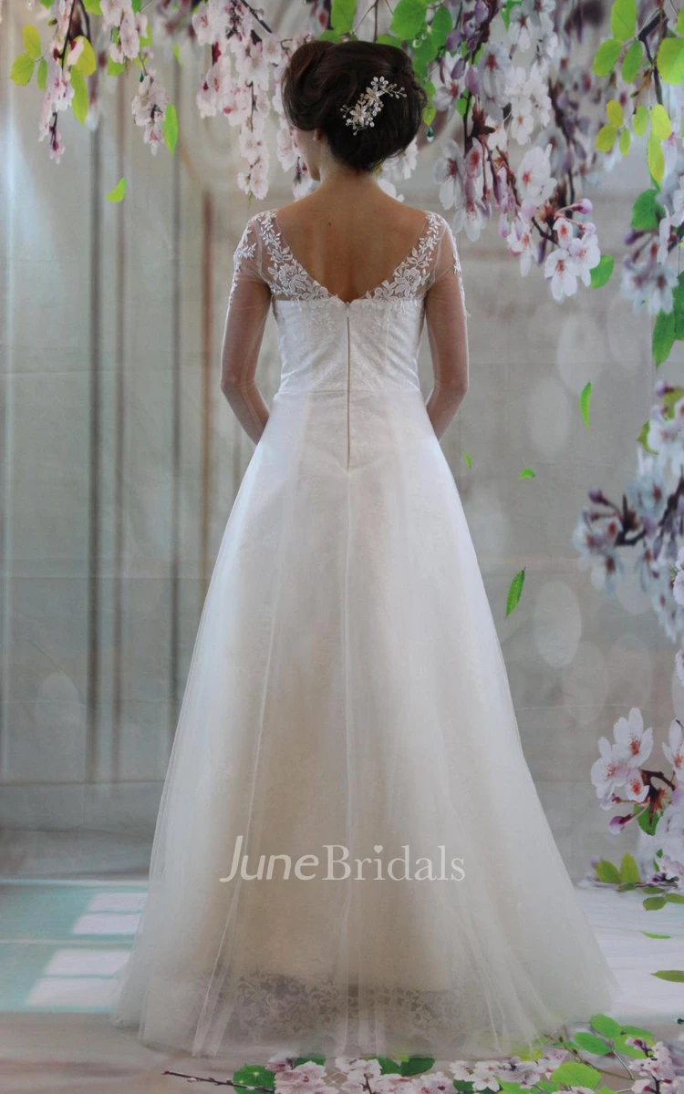 Buttoned Illusion Back Wedding Dress with Applique