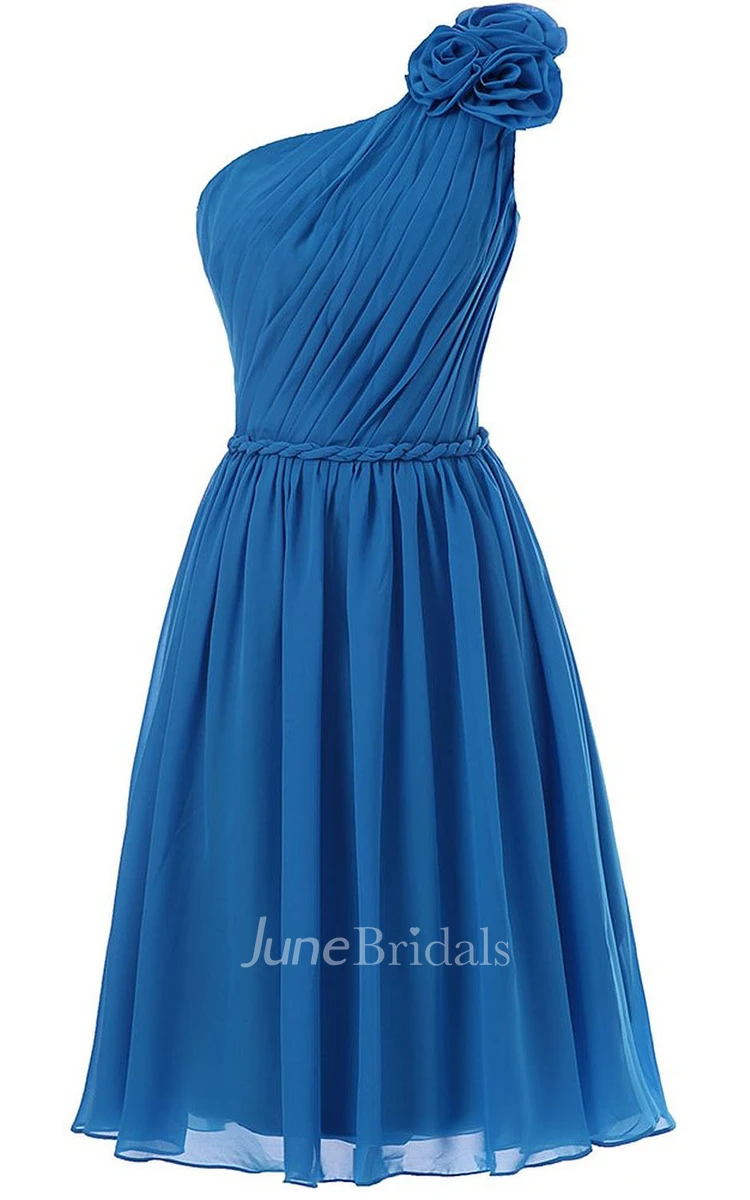 One-shoulder Appliqued Strap Knee-length Pleated Chiffon Dress