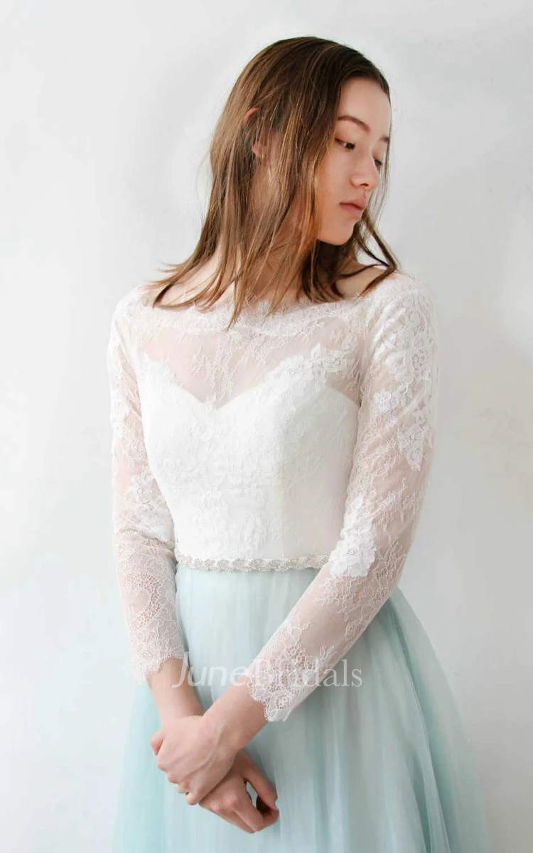 Bateau Lace Long Sleeve Tulle Wedding Dress With Jeweled Waist