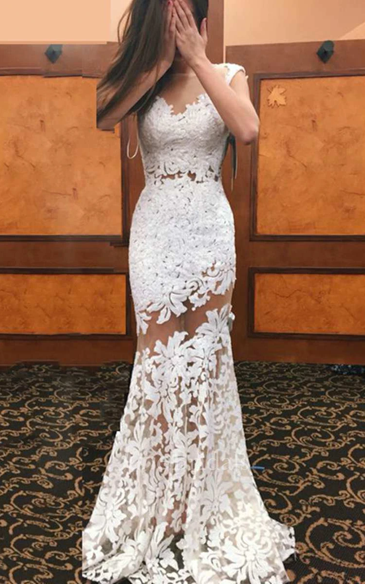 Cap Sleeve V Neck Mermaid Lace Gown With Illusion 