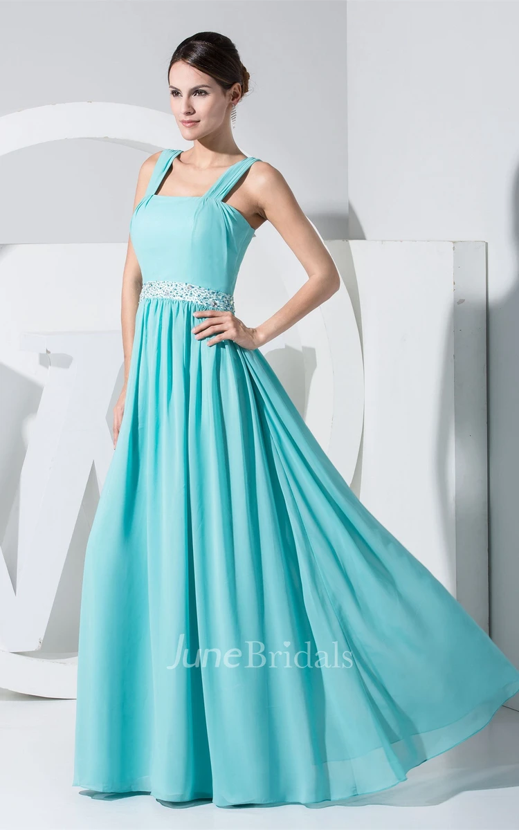 Strapped Chiffon Floor-Length Gown with Pleats and Beaded Waist