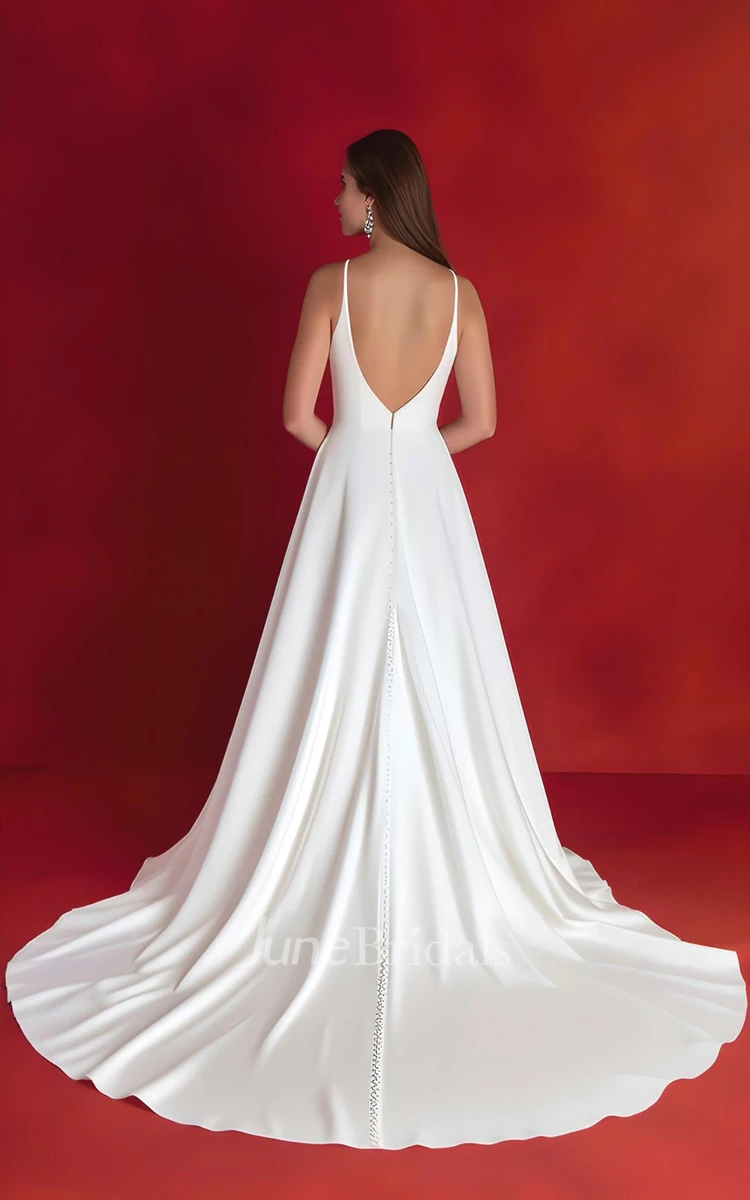 A-Line Satin Sleeveless Wedding Dress with Split Front Spaghetti V-neck Country Garden Sweep/Brush Train Simple Sexy