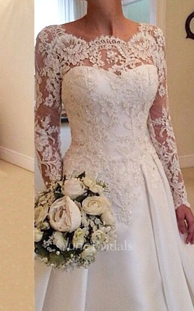 Elegant Illusion Long Sleeve Wedding Dress With Lace Appliques