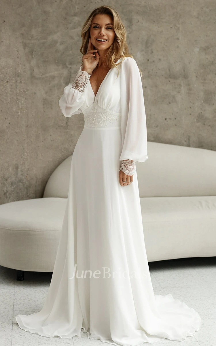 Elegant Long Sleeve Floor Length Chiffon Wedding Dress Simple V-neck Sheath Gown with Train