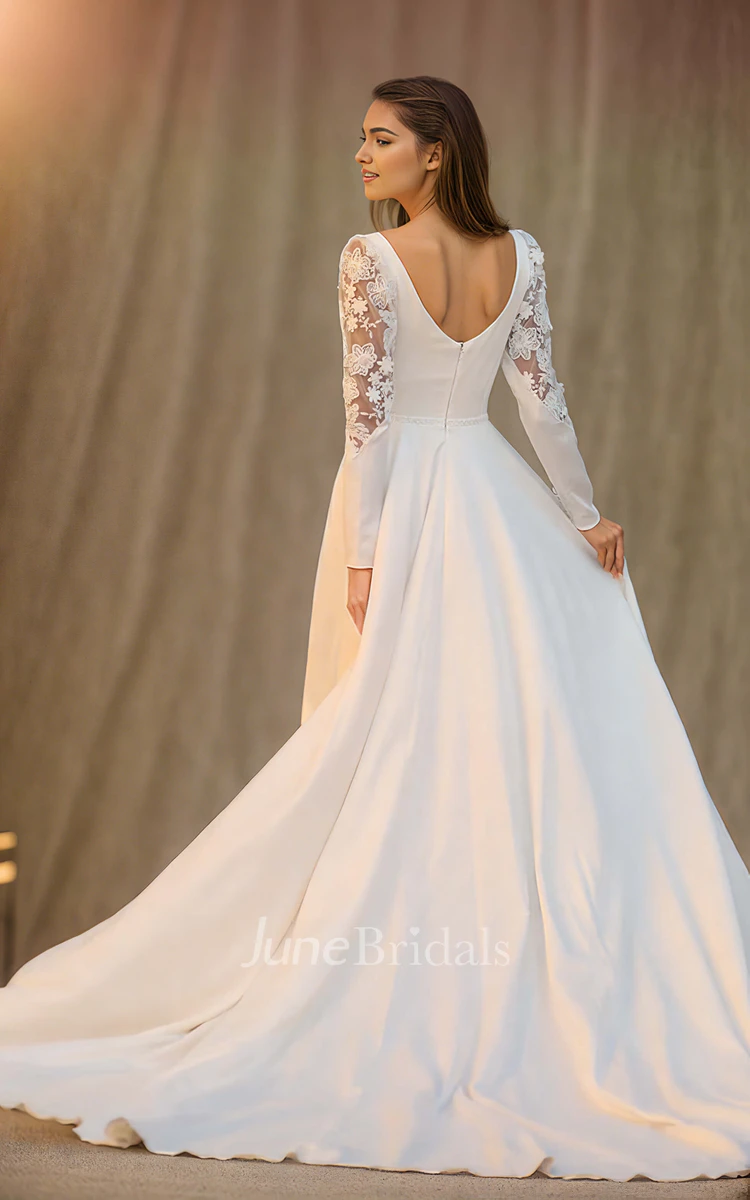 Elegant Solid Appliques A-Line V-neck Satin Wedding Dress Ethereal Sexy Flowers Long Sleeve Floor-length with Train Zipper V Back Bridal Gown