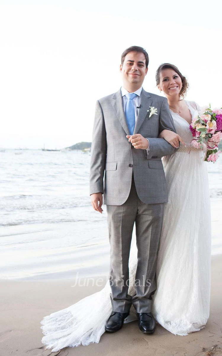 V-Neck Cap Illusion Back Lace Wedding Dress With Pleats And Sash