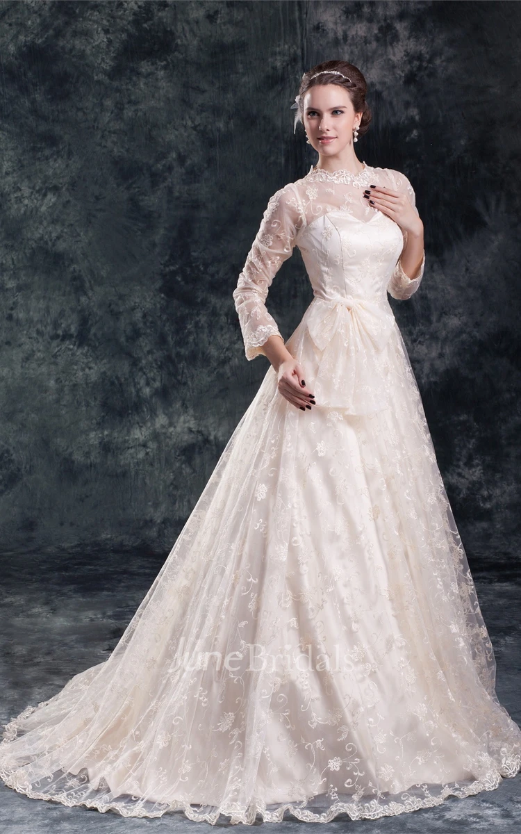 high-neck lace a-line long-sleeve dress with bow and tulle