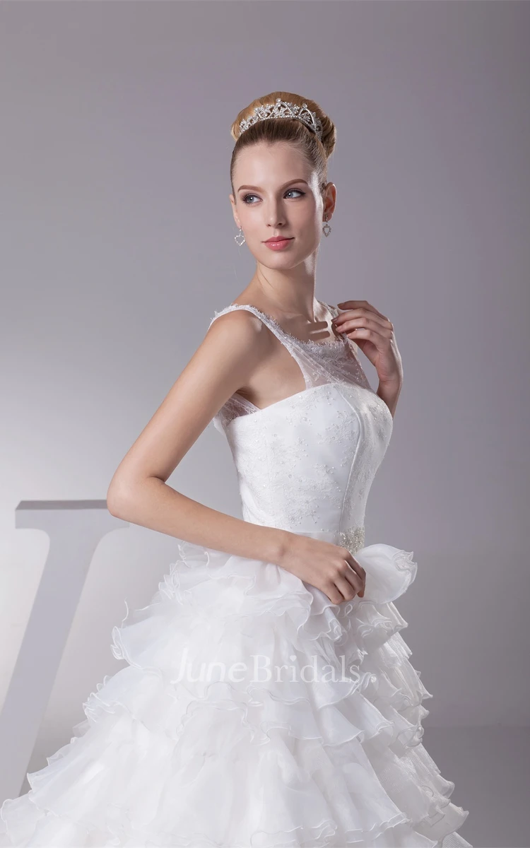 Tiered A-Line Ruffled Ball Gown with Illusion Neckline