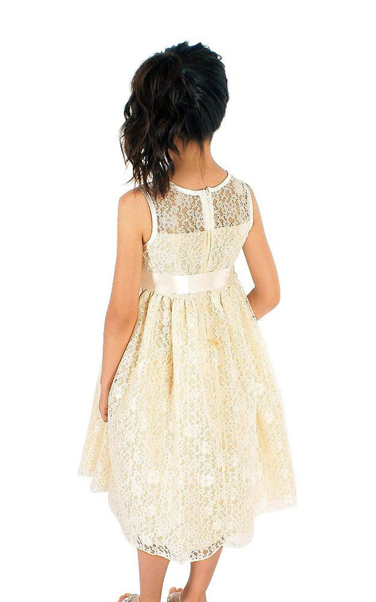 Sleeveless A-line Lace Dress With Floral Sash