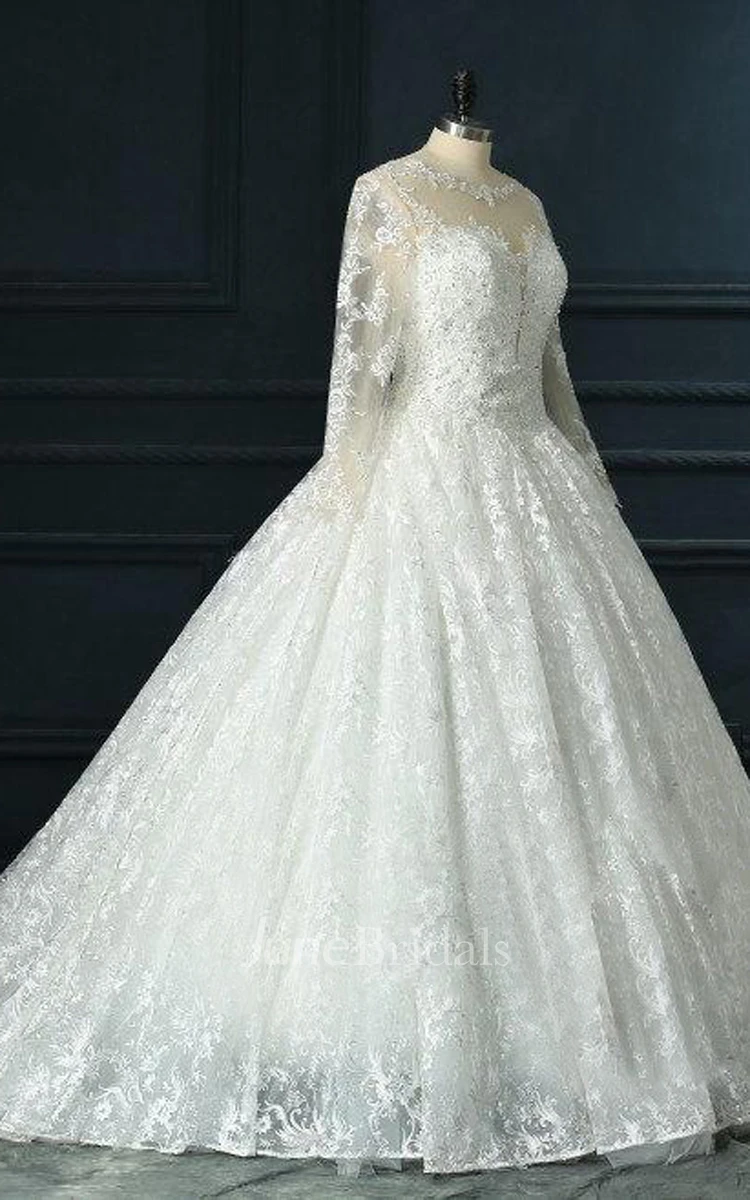 Long Sleeve Cathedral Train Tulle Lace Satin Dress With Beading Illusion