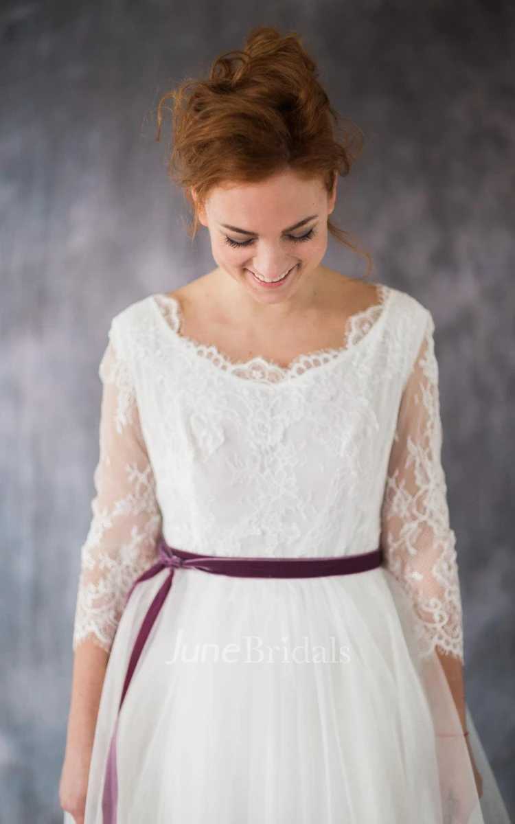 Scoop Neck Long Sleeve A-Line Organza Wedding Dress With Lace Bodice