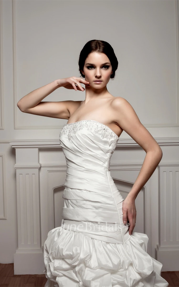 Strapless Ruched Pick-Up Gown with Pleats and Beading