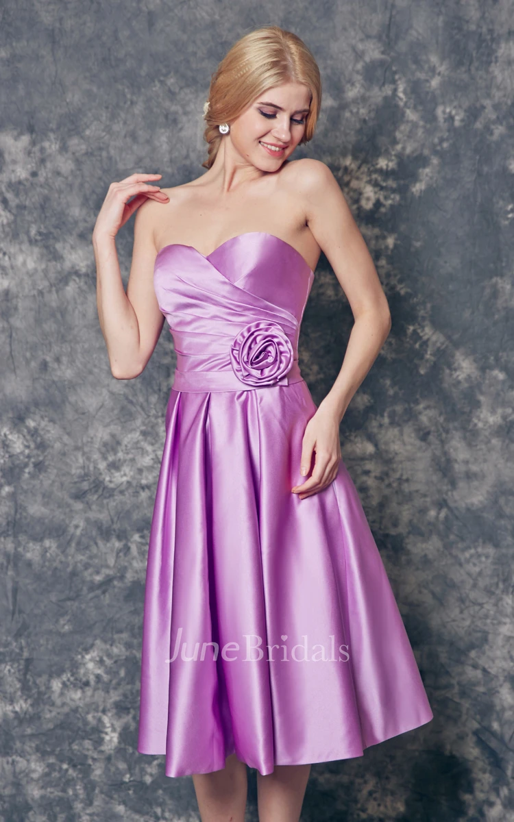 Sweetheart Floral Ruched Knee Length A-line Satin Dress