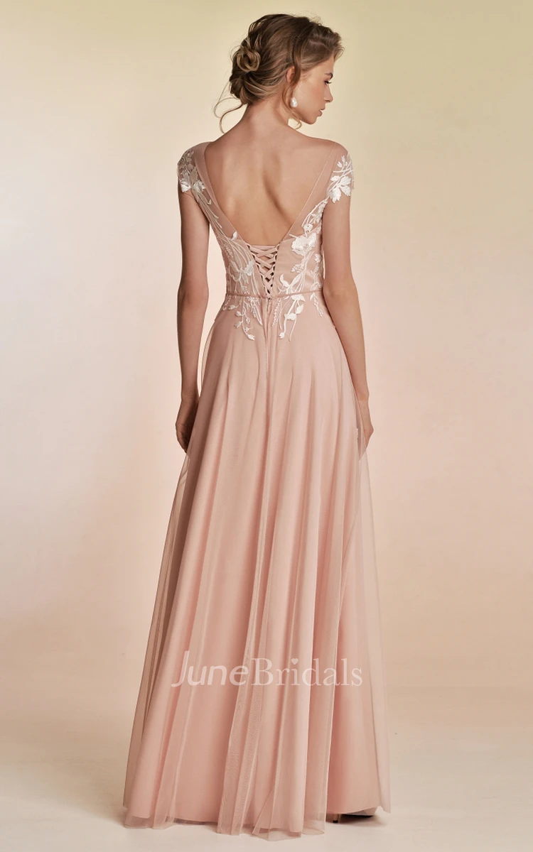 Romantic A-Line Bateau Tulle Prom Dress With Open Back And Appliques