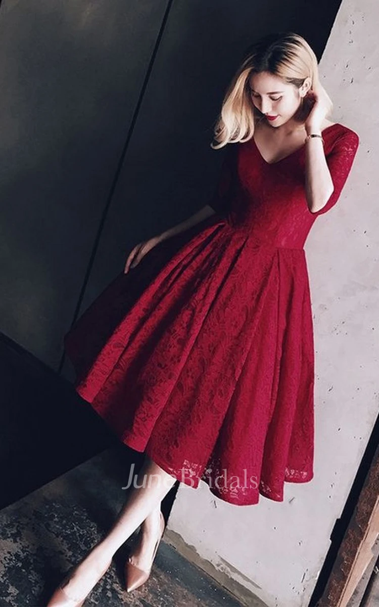 Red lace knee length sales dress