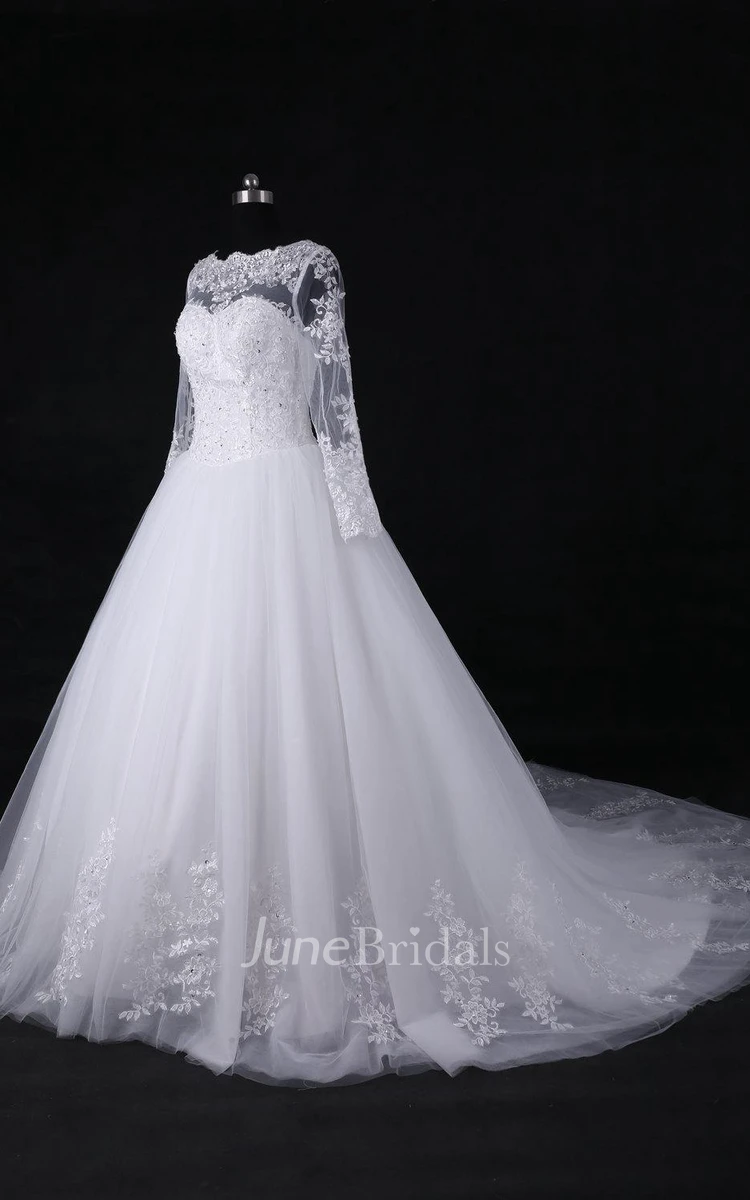 A-Line Ball Gown Long Sleeve Cathedral Train Tulle Lace Satin Dress