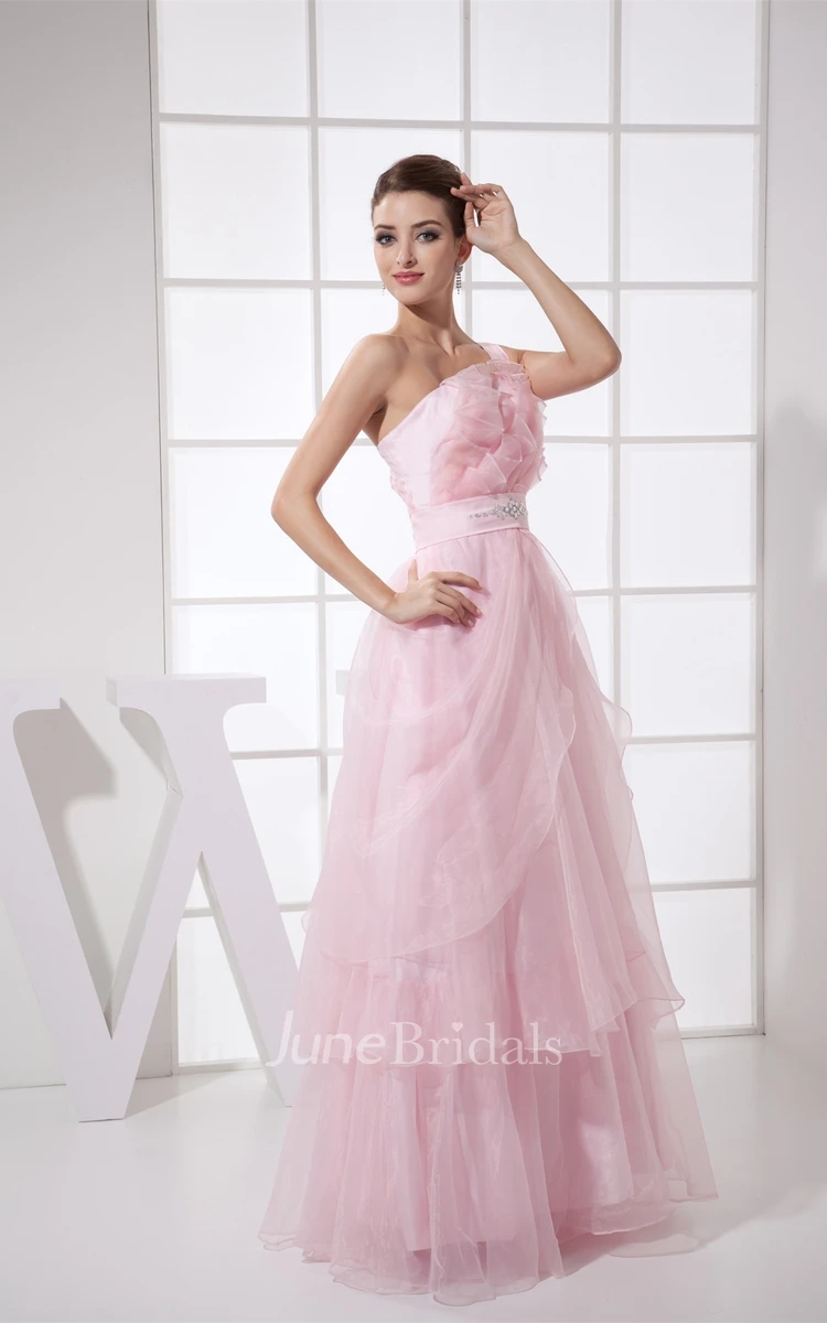 Pastel Tulle Ruffled A-Line Dress with Beaded Waist and Single Strap
