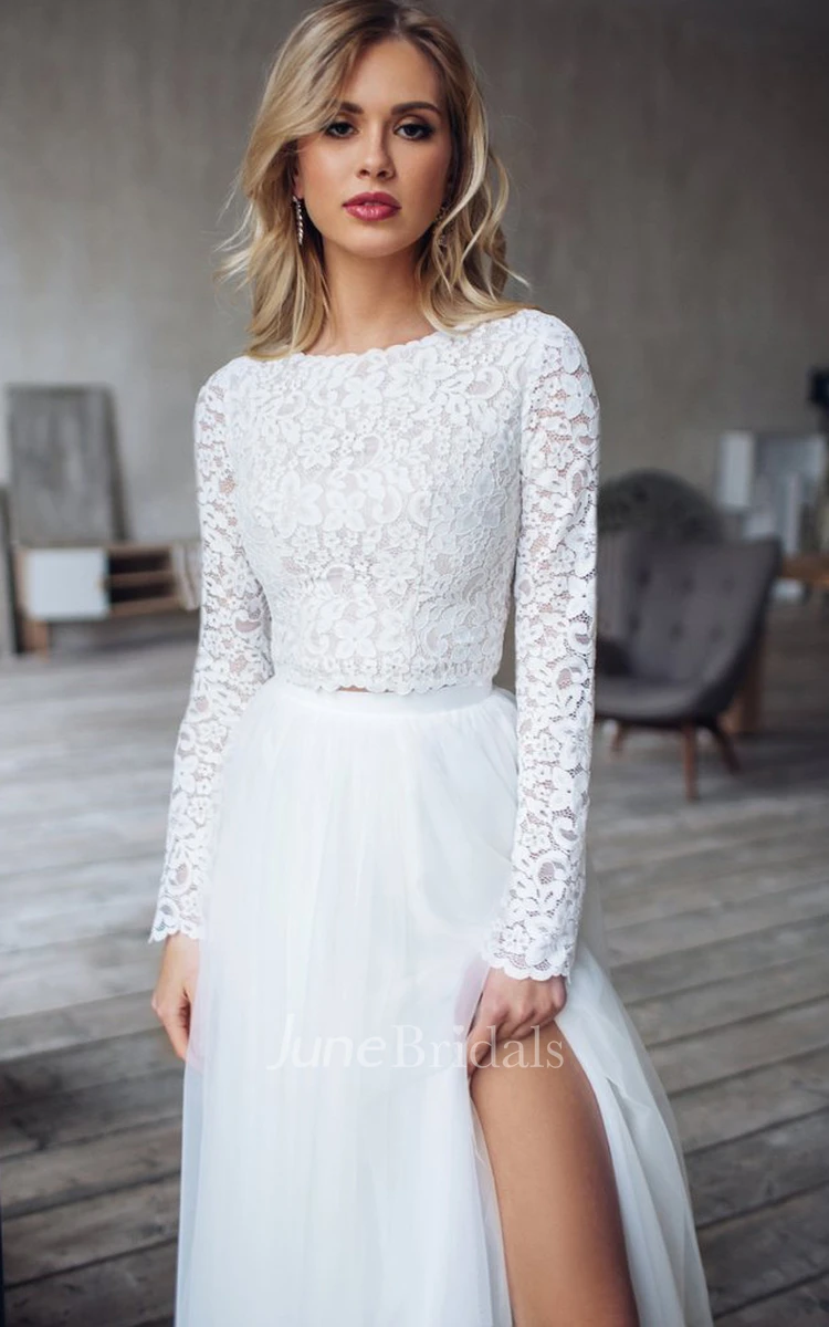 Casual Two Piece Lace Tulle Bateau Long Sleeve Wedding Dress with Split Front