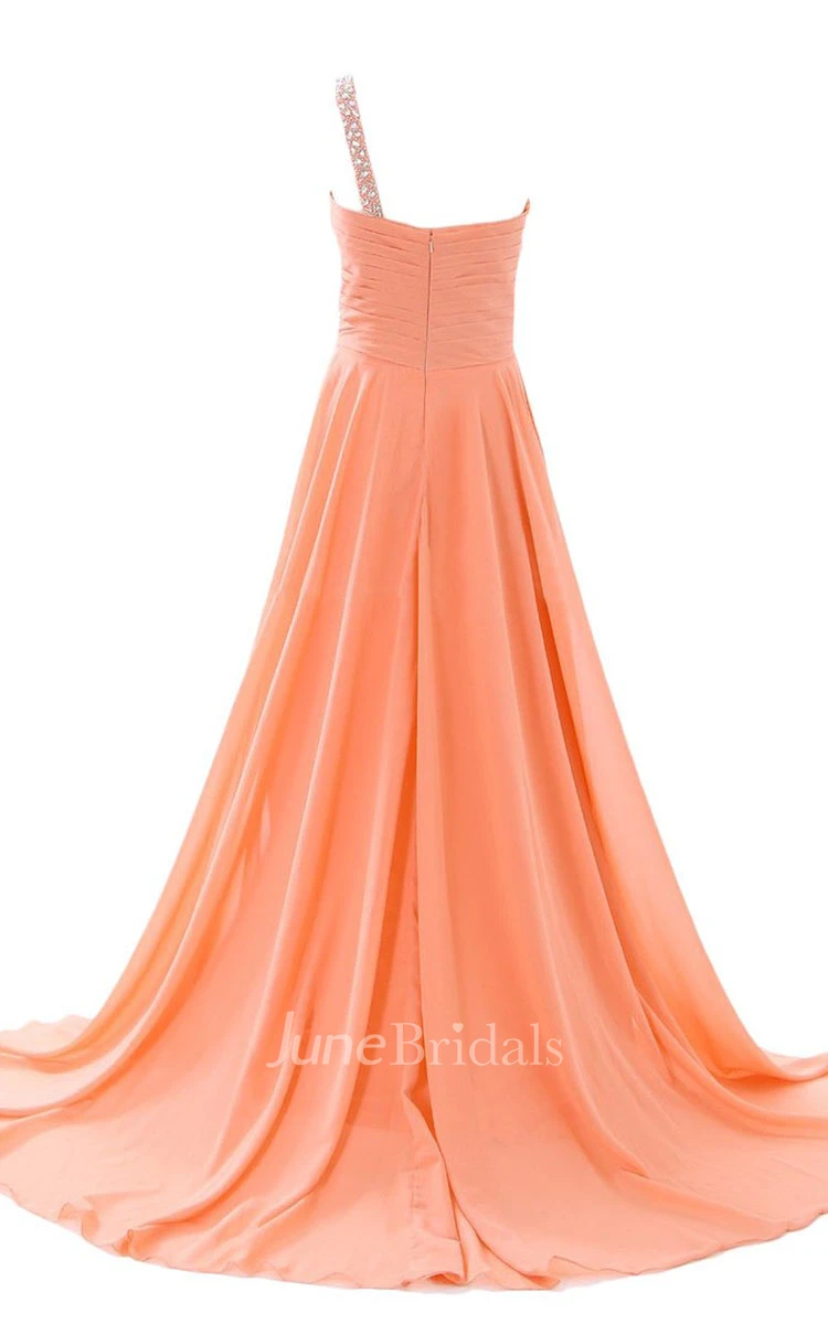 One-shoulder Sweetheart Ruched A-line Gown With Rhinestones