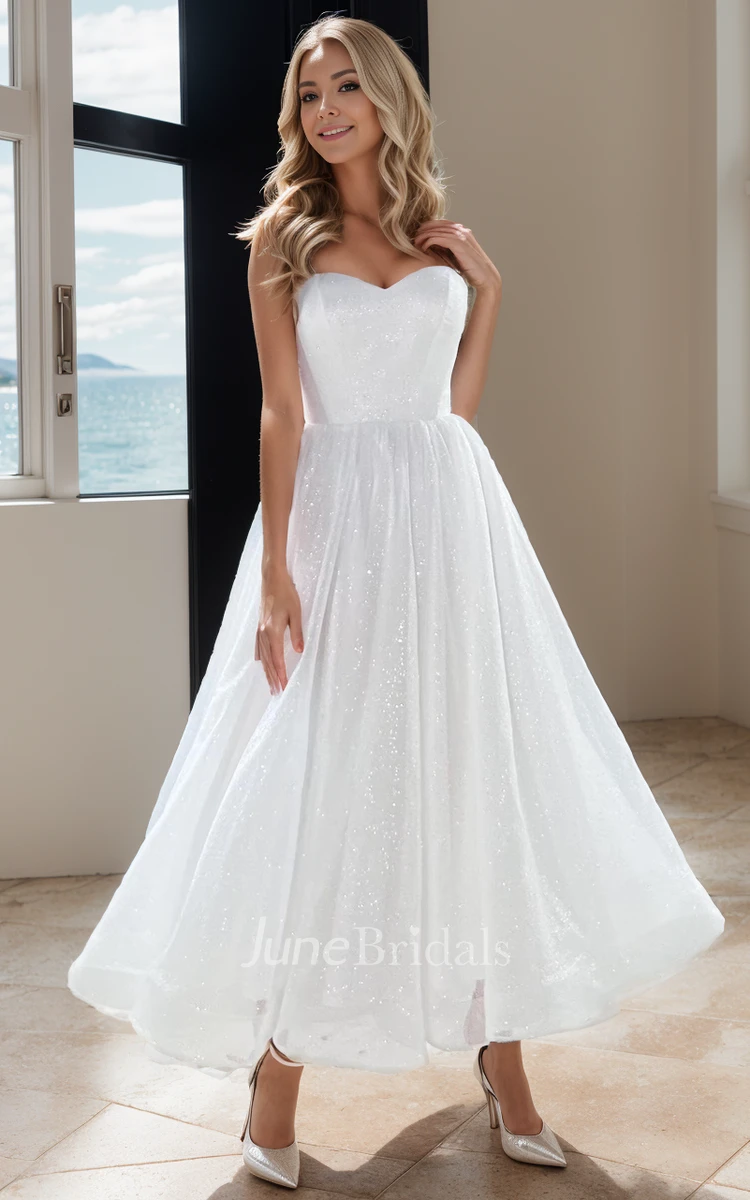 Modern Simple A-Line Sparkly Midi Wedding Dress Spaghetti Corset Back Ankle Length Gown