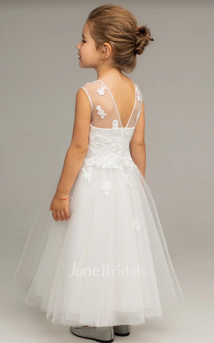 Modern Bateau Sleeveless Ankle-length Tulle A Line Flowergirl Dress with Ruching