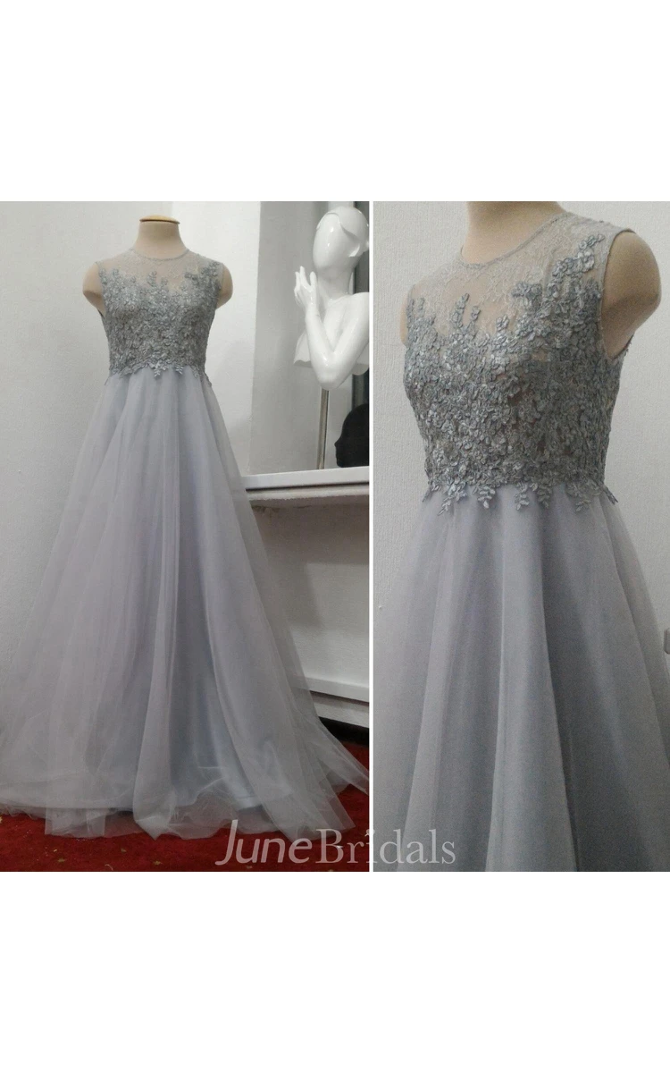 Jewel-Neck Sleeveless Tulle A-Line Dress With Appliques
