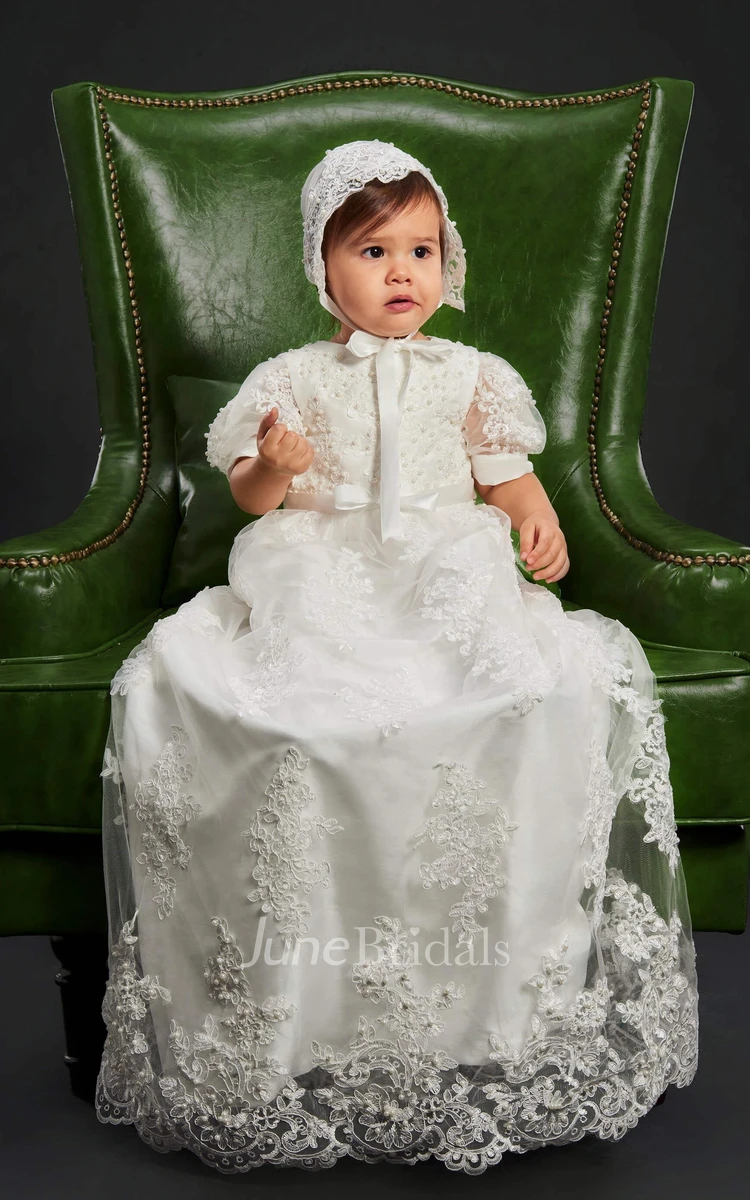 Pearls Appliqued Puff Sleeve Christening Gown With Lace