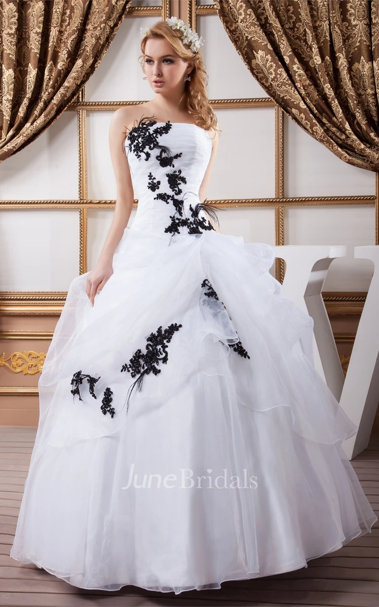 Strapless Ruffled Ball Gown with Appliques and Pleats