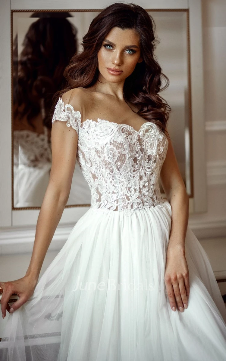 Ethereal A Line Off-the-shoulder Chiffon Sweep Train Wedding Dress