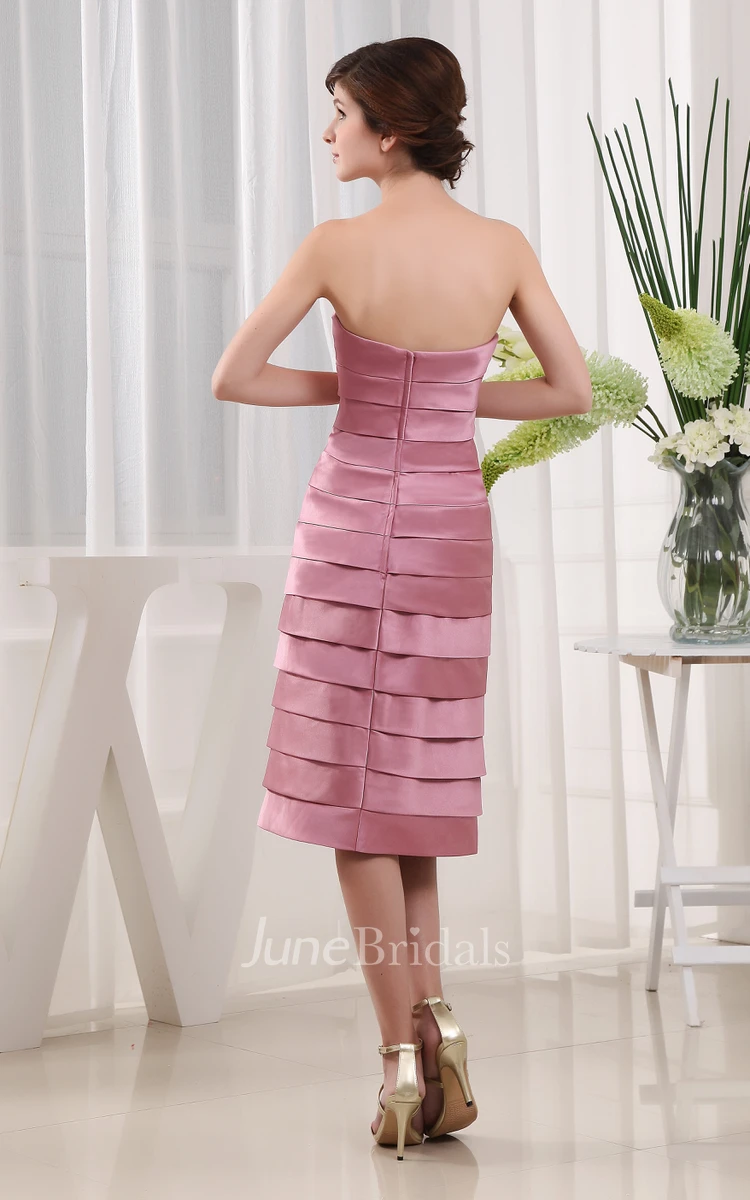 Strapless Knee-Length Satin Dress With Tiers