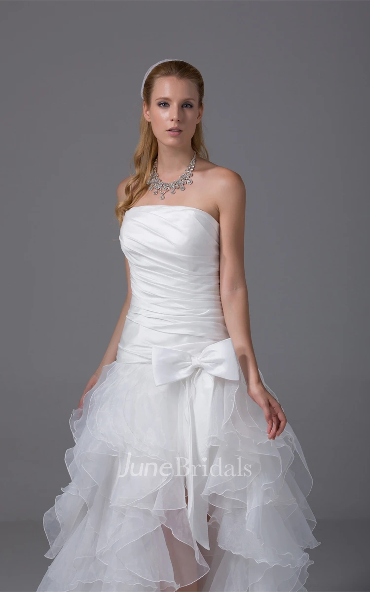 Strapless High-Low Ruffled Dress with Ruching and Bow