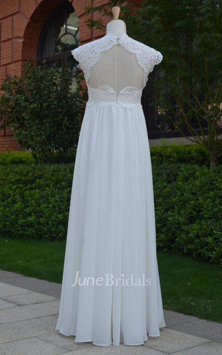 Queen Anne Cap Long Chiffon Wedding Dress With Pleats And Keyhole Back