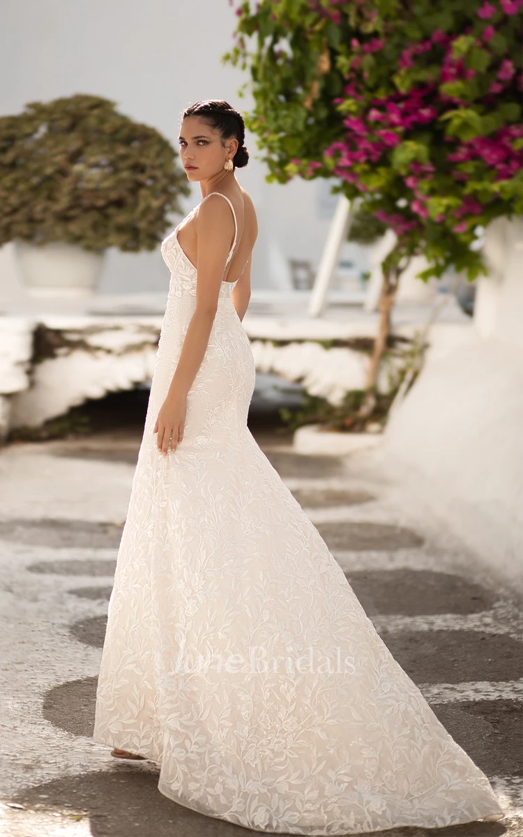 Sexy Sleeveless Plunging Neckline With Cathedral Train A-line Lace Tulle  Wedding Dress - June Bridals