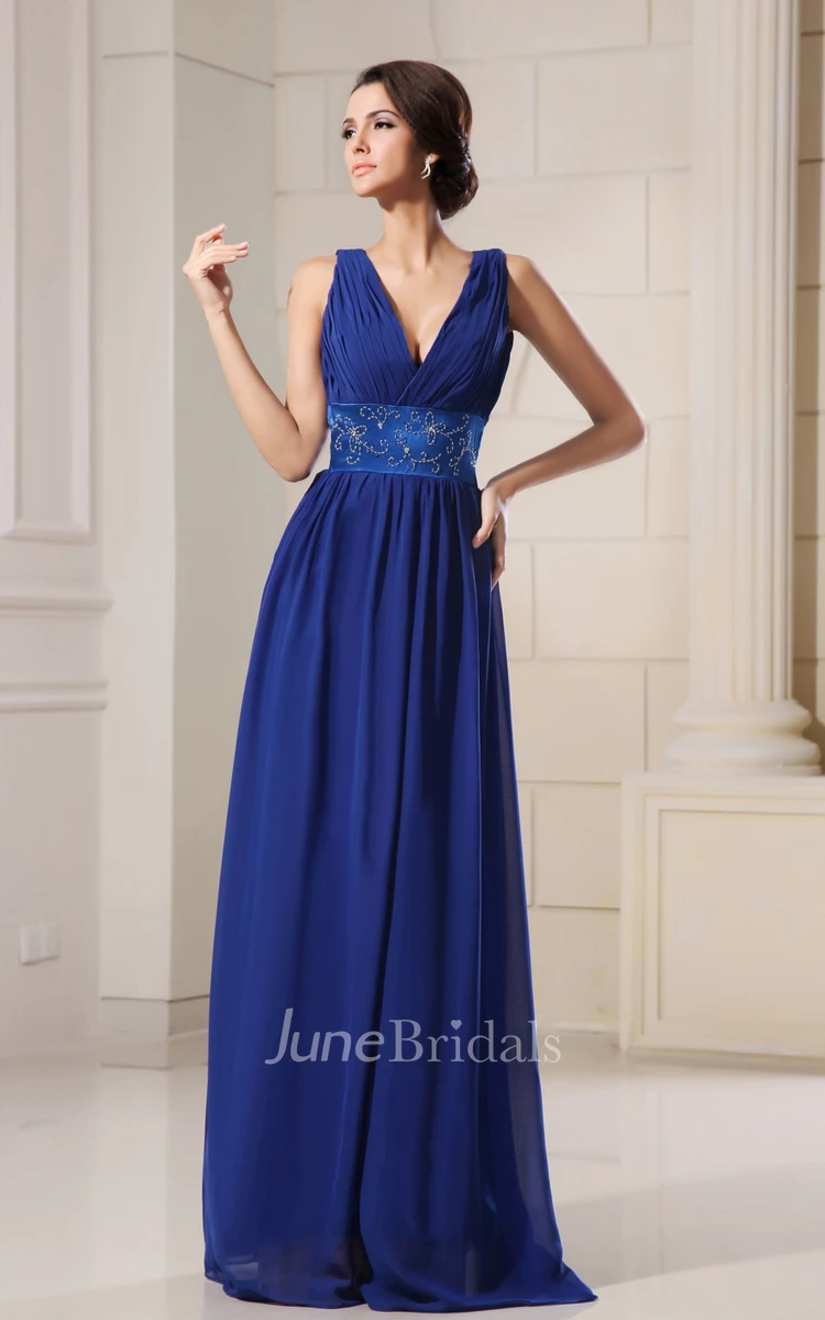 Empire A-Line V-Neck Low Graceful Gown With Crystal Detailing Waist