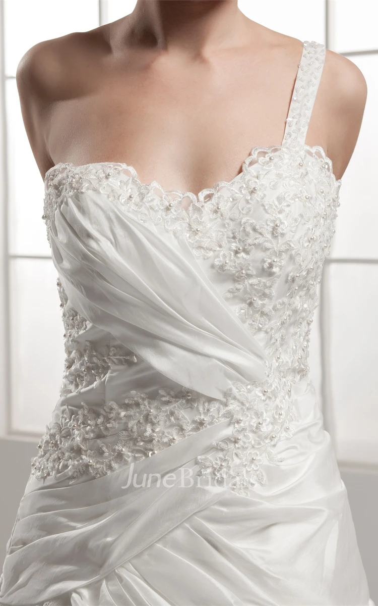 Sleeveless Lace A-Line Gown with Draping and Single Strap
