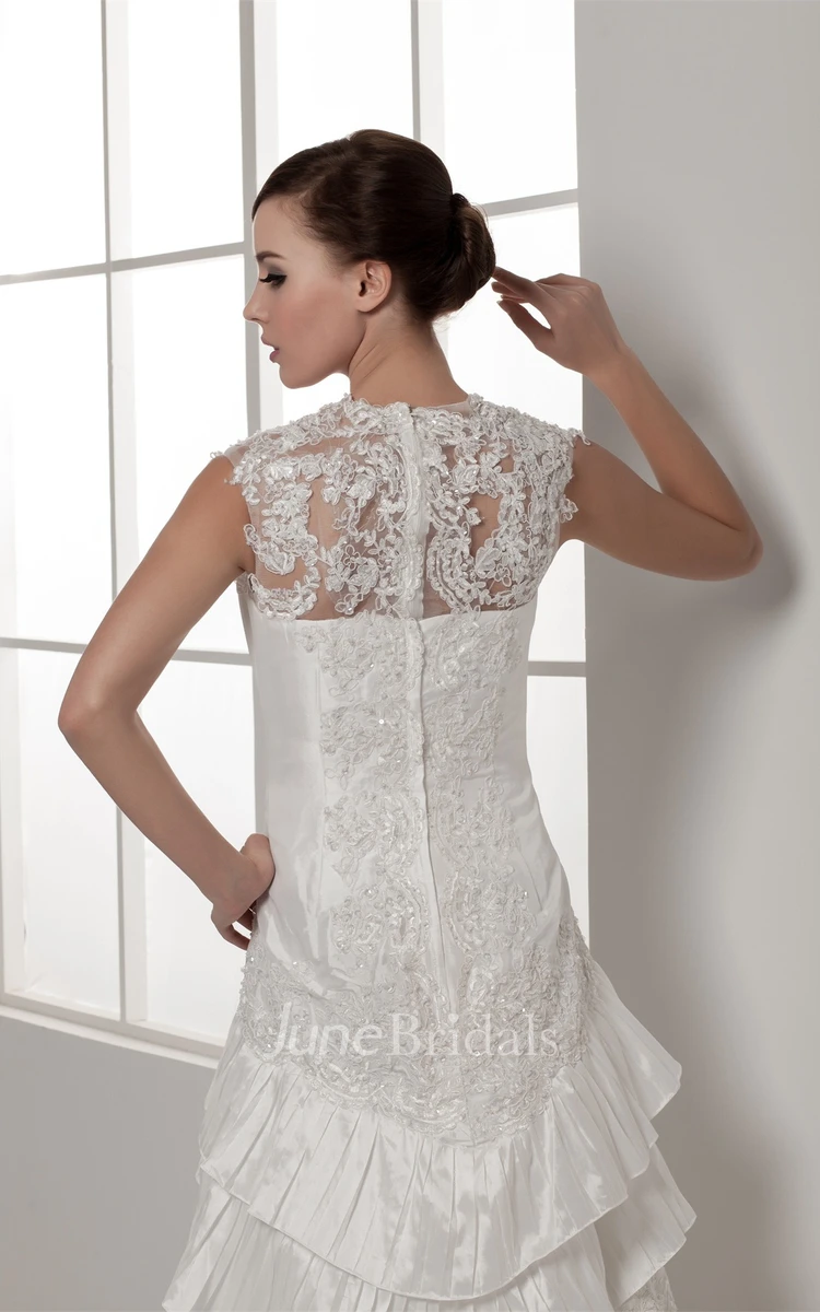 Scalloped-Neck Caped-Sleeve Lace Dress with Beading and Tiers