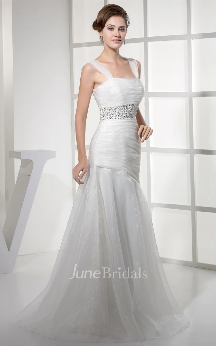 Strapped Mermaid Ruched Gown with Jeweled Waist