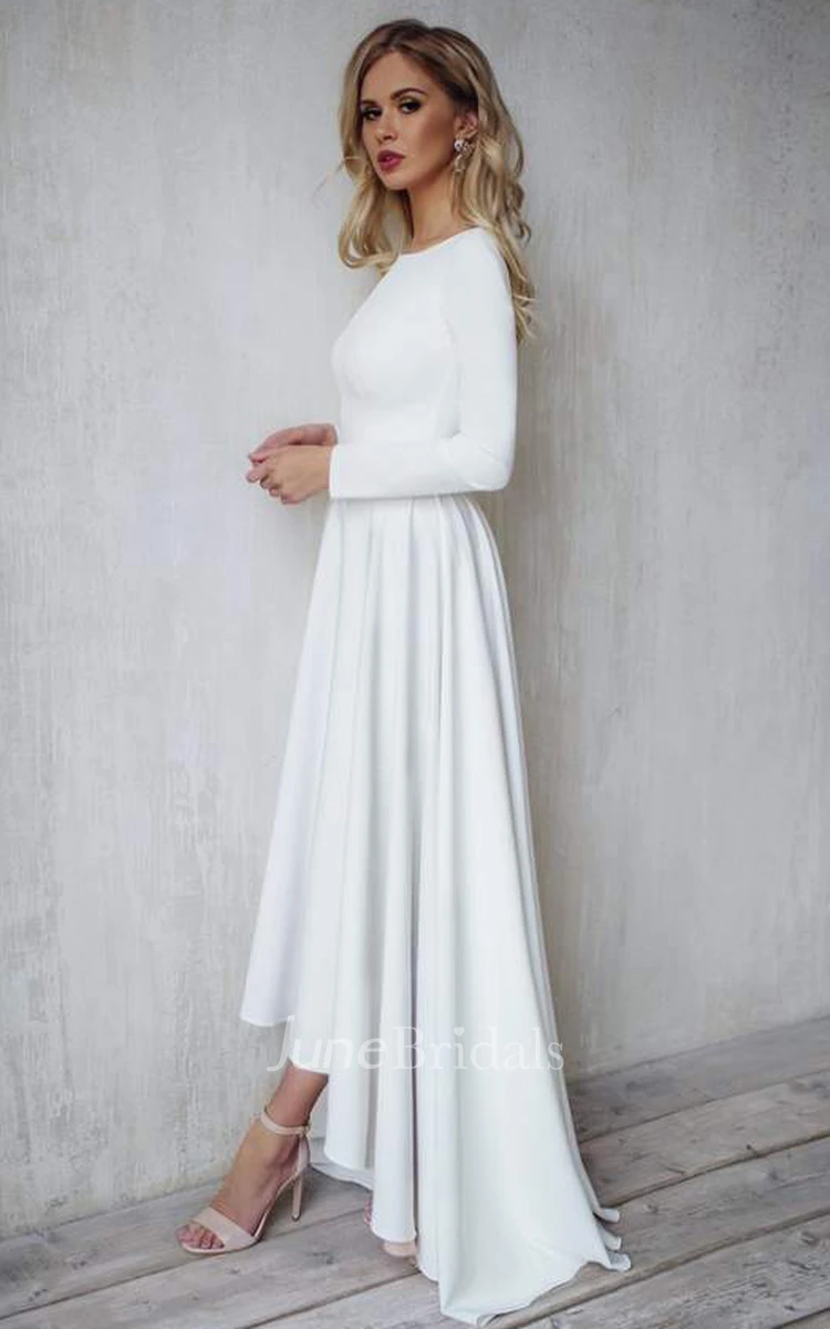 Modest Simple Long Sleeves A-Line Satin Wedding Dress Chic Casual High-Low Bateau Bridal Gown with Open Back