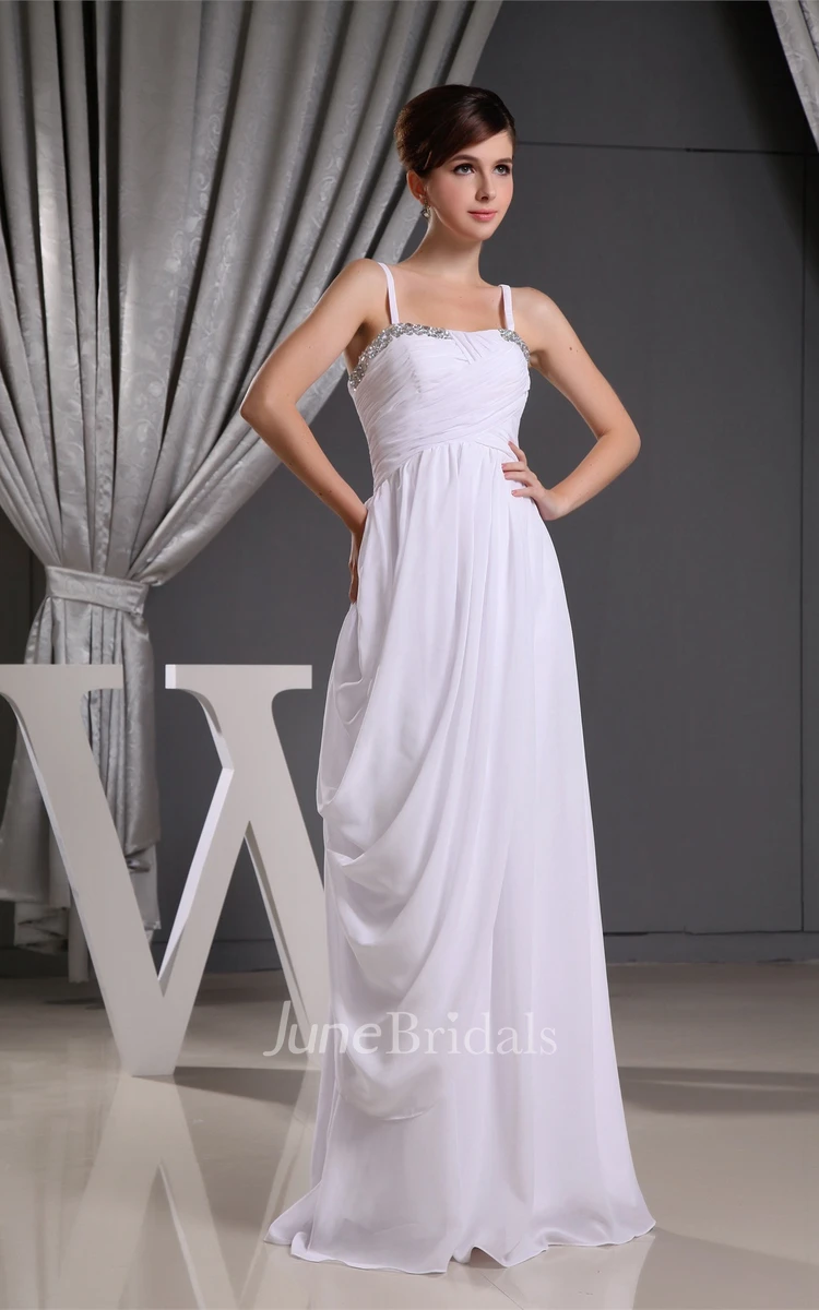 Chiffon Ruched Floor-Length Dress with Spaghetti-Straps and Side Draping